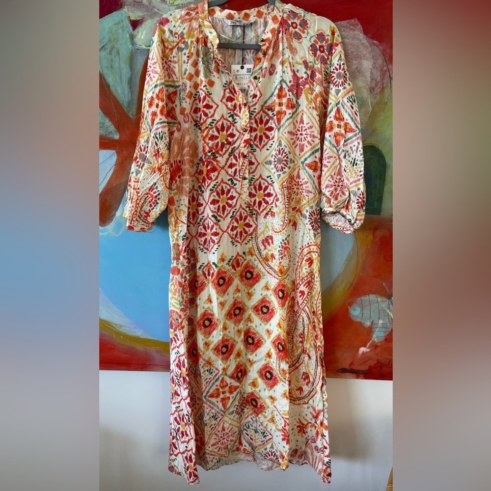 ZARA Dress Size Small Multicolor Metallic Bright Printed Midi Balloon Sleeves